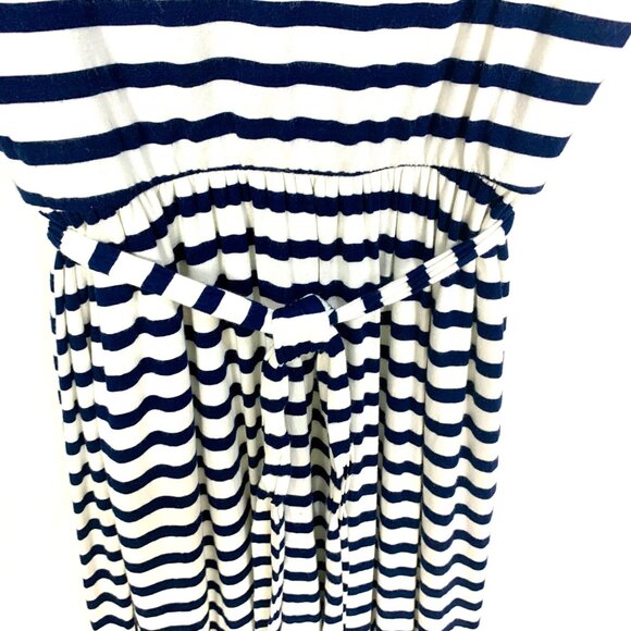 Gilli Striped Midi Dress Size L Navy Blue White Tie Waist Lined Short Sleeve - Picture 3 of 9